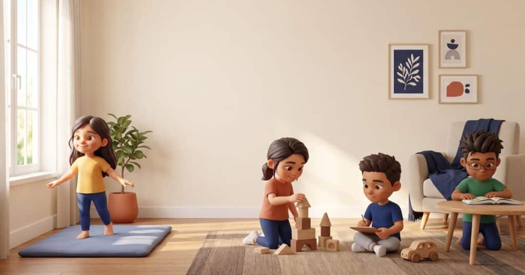 Ilustración: cuatro niños en una sala luminosa, cada uno en una actividad distinta: una niña hace equilibrio descalza sobre un tapete, otra construye con bloques, un niño dibuja y otro lee